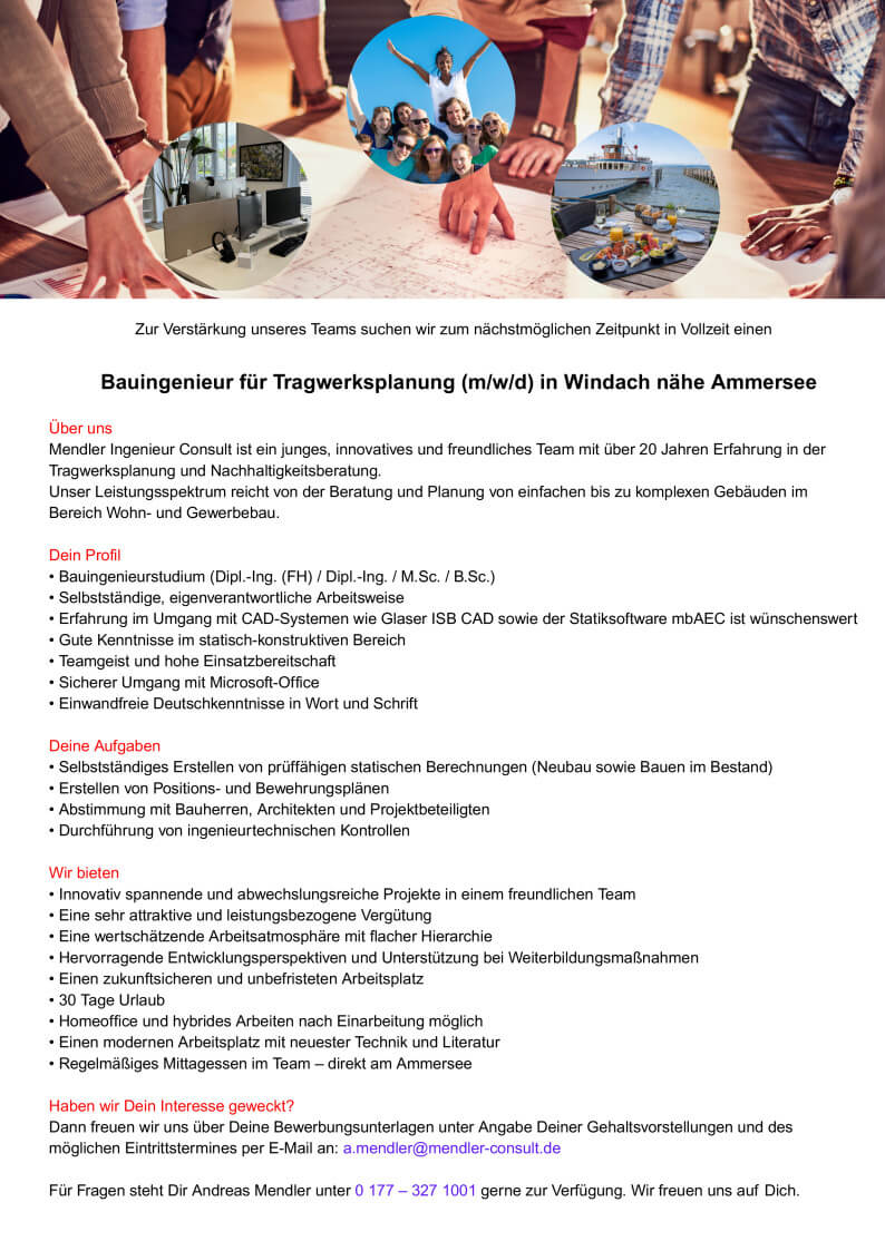 Bauingenieur für Tragwerksplanung in Windach am Ammersee gesucht