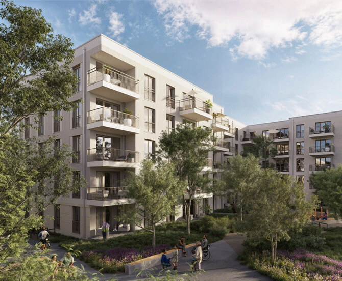 Neubau eines innovativen Wohnquartiers in Feldmoching mit Bäumen