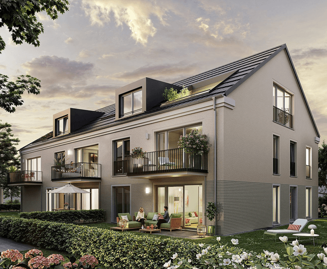 Neubau von 3 Mehrfamilienhäusern und 8 Doppelhaushälften in Aschheim mit Garten