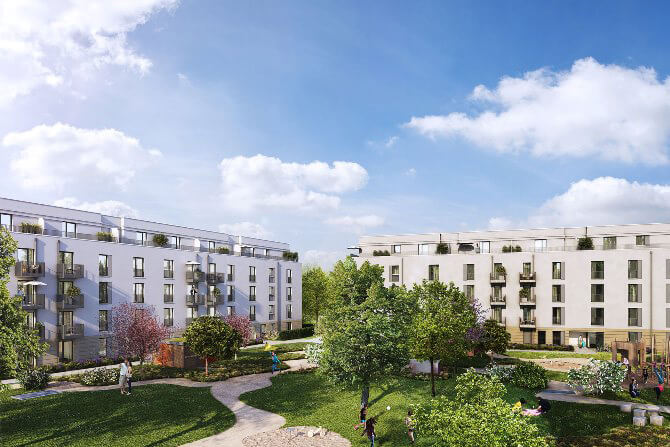 Neubau von 4 Mehrfamilienhäusern mit Bäumen