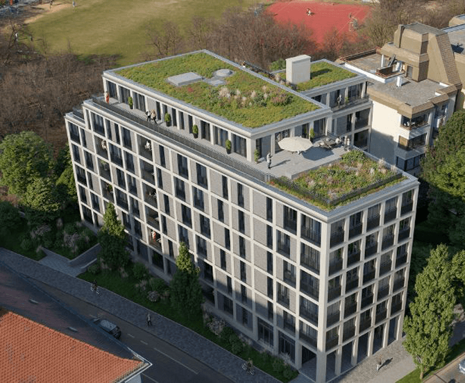 Neubau einer Wohnanlage mit 46 Wohnungen und Tiefgarage in München Luftaufnahme