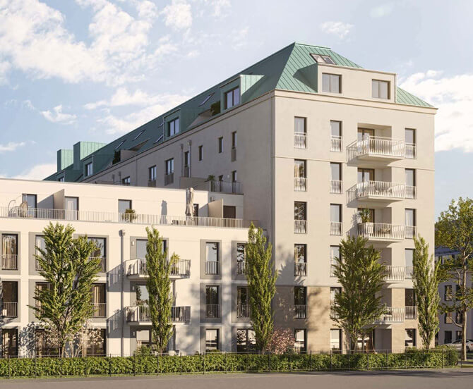 Wohnanlage in der Landsbergerstraße in München mit Bäumen