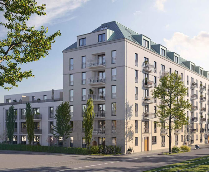 Wohnanlage in der Landsbergerstraße in München mit Straße